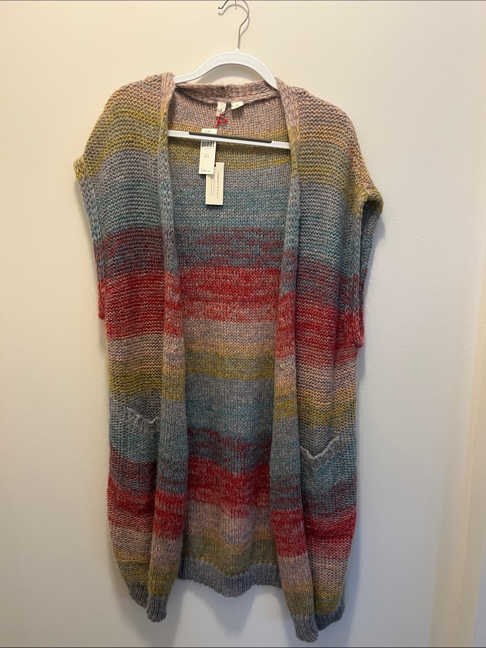 Anthropologie Moth Rinda Rainbow Striped Mohair Blend Open-Front Knit Cardigan